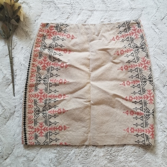 Ann Taylor Loft Cotton Linen Stitch Embroidered Beige Pencil Mini Skirt - Picture 1 of 9